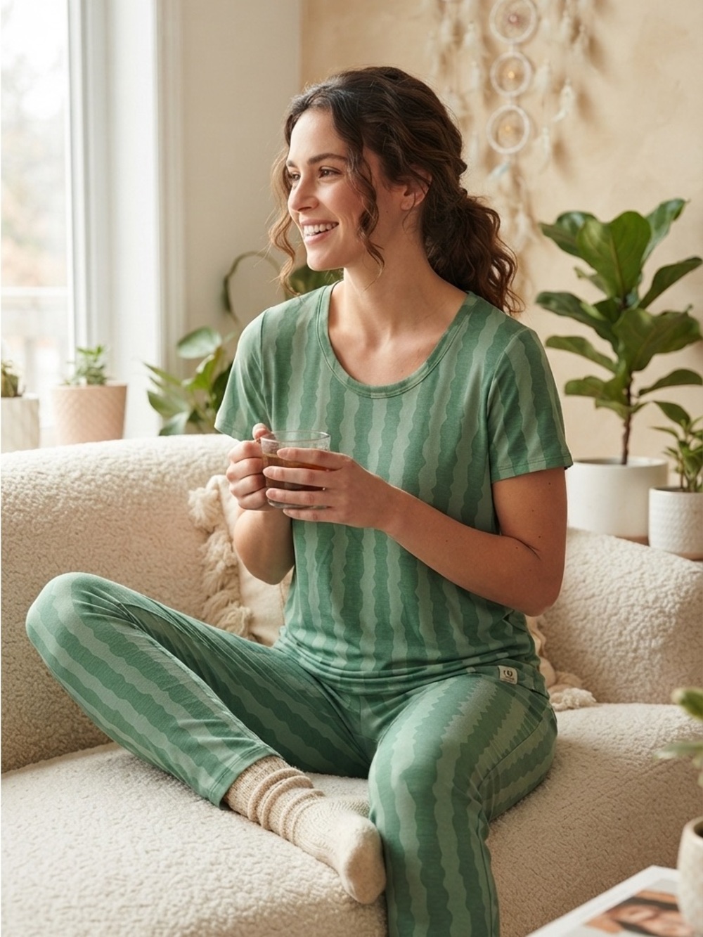 Cozy Green Striped Women's Pajama Set